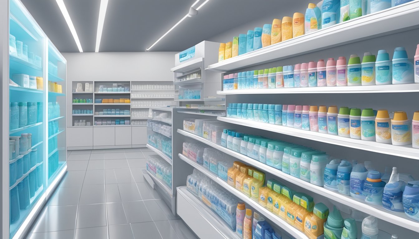 A display of water flossers in a bright, clean store in Singapore. The products are neatly arranged on shelves, with price tags clearly visible