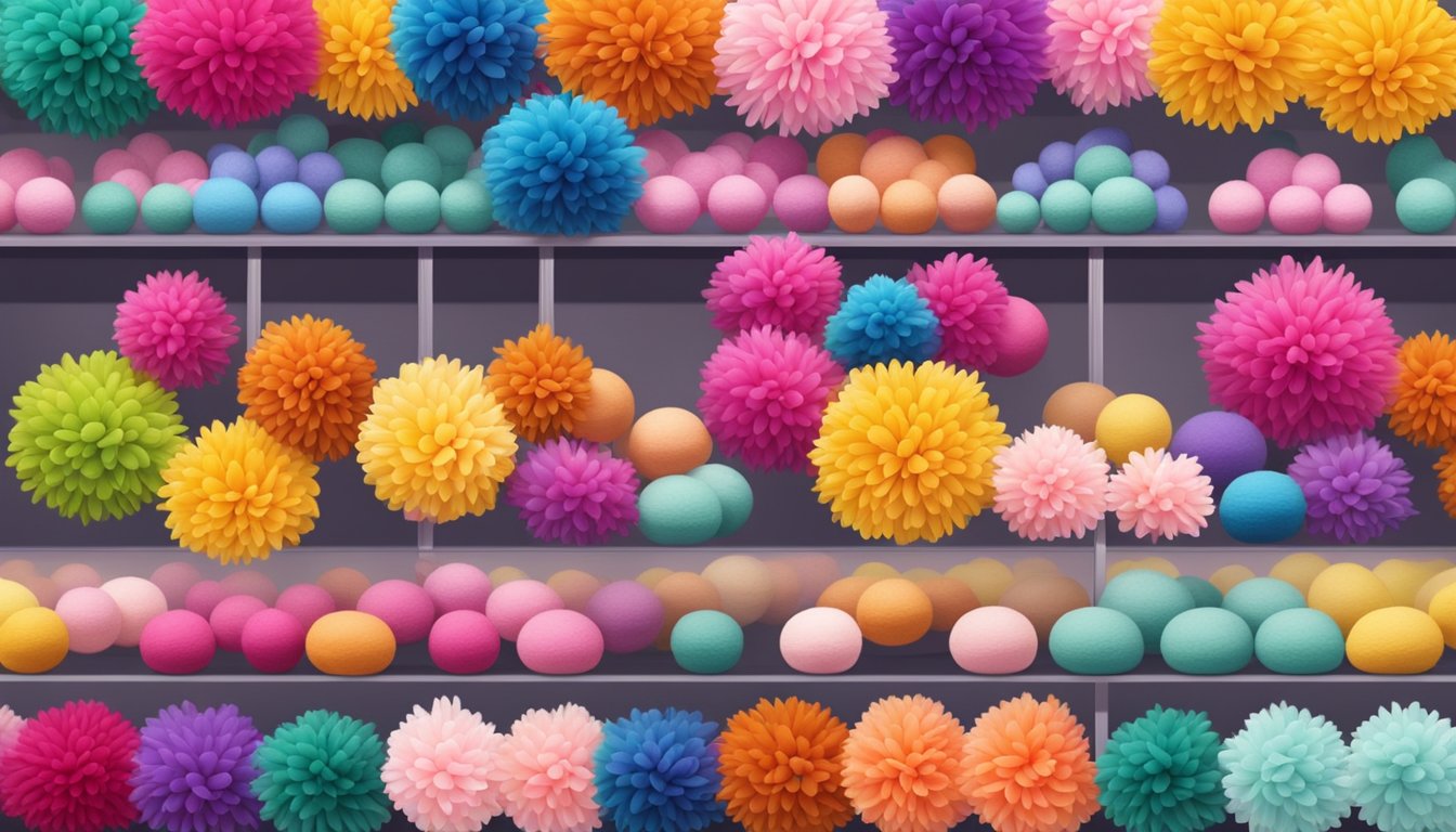 A colorful display of pom poms in various sizes and colors, neatly arranged on shelves in a craft store in Singapore