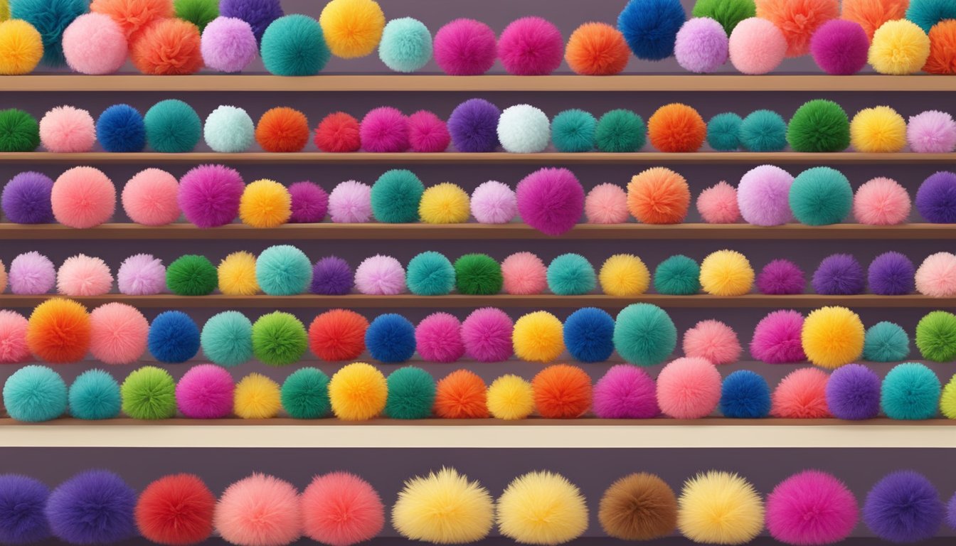 A colorful display of pom poms in various sizes and colors arranged neatly on shelves in a craft store in Singapore