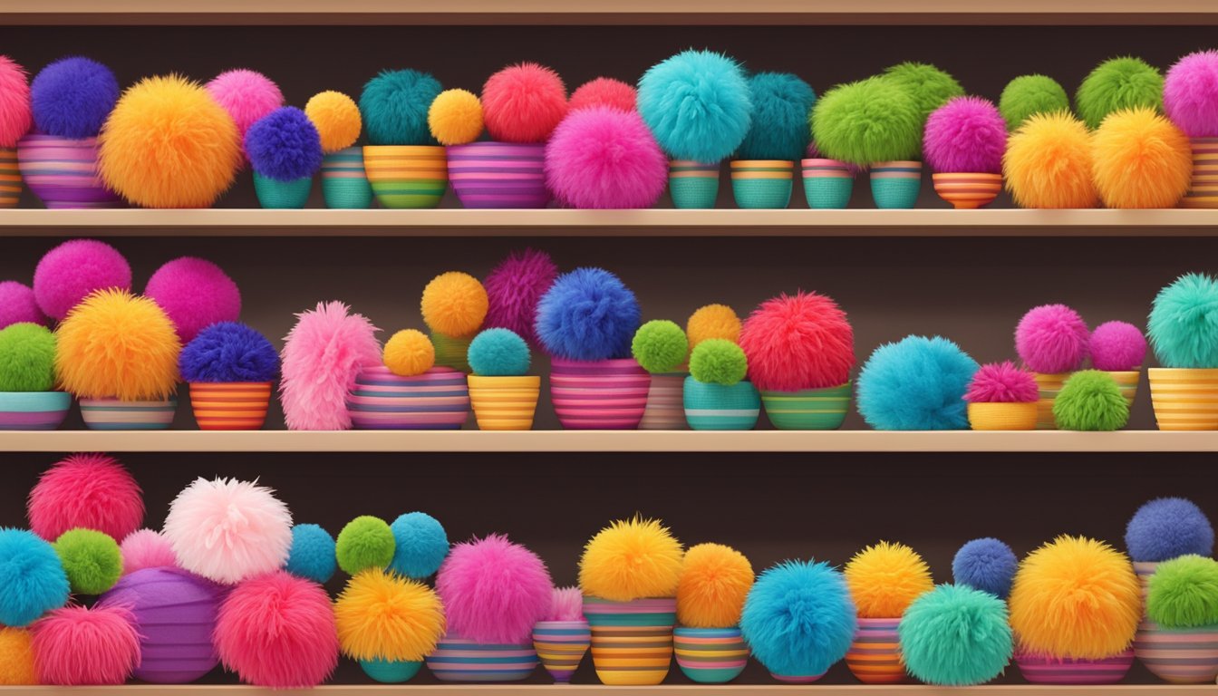 A colorful display of various pom poms in different sizes and textures, neatly arranged on shelves in a craft store in Singapore