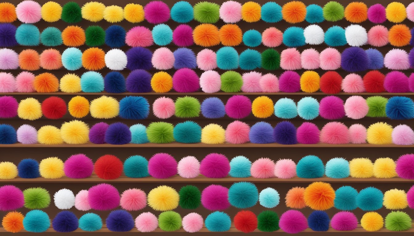 A display of colorful pom poms arranged in a neat row on a shelf in a craft store in Singapore