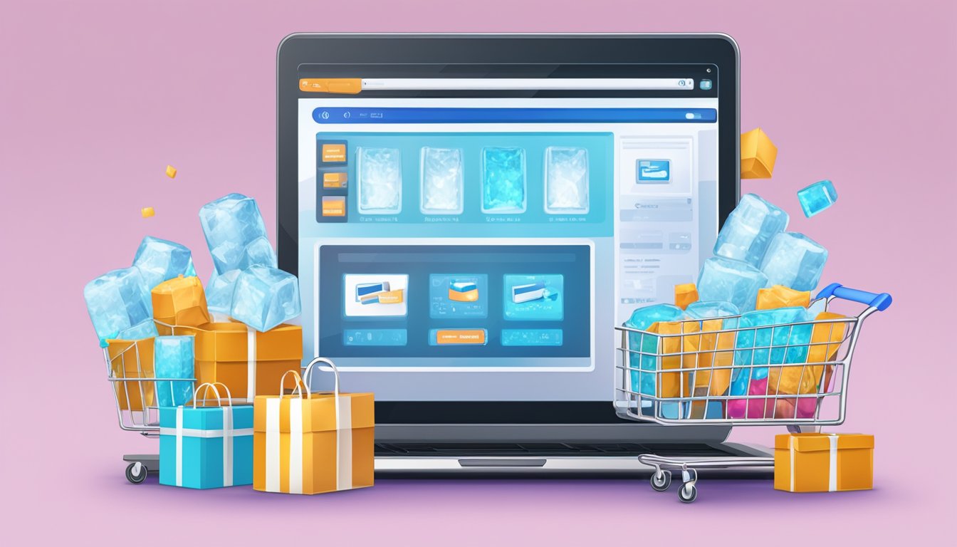 A computer screen displaying an online shopping website with a cart filled with bags of ice cubes