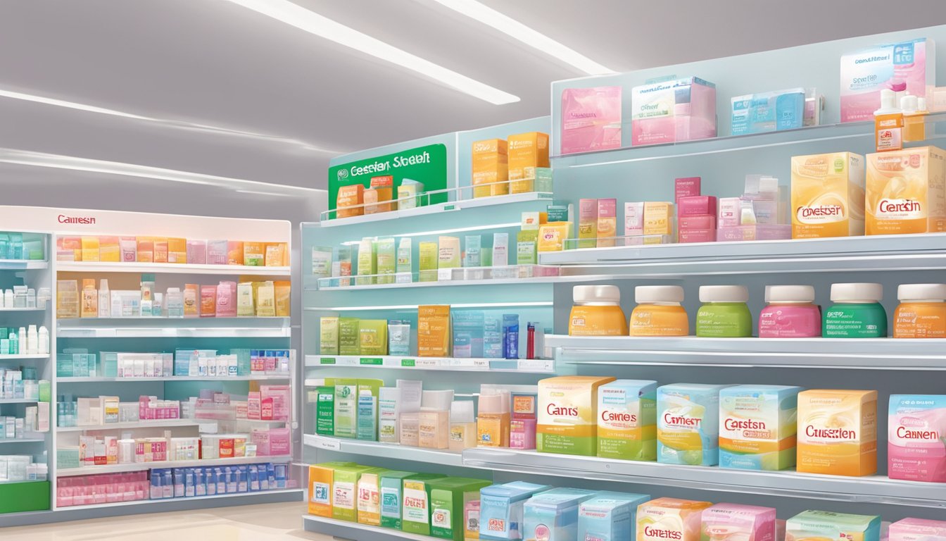 Canesten cream on display at a pharmacy in Singapore. Brightly lit shelves with various skincare products. Clear signage indicating the availability of Canesten cream for purchase