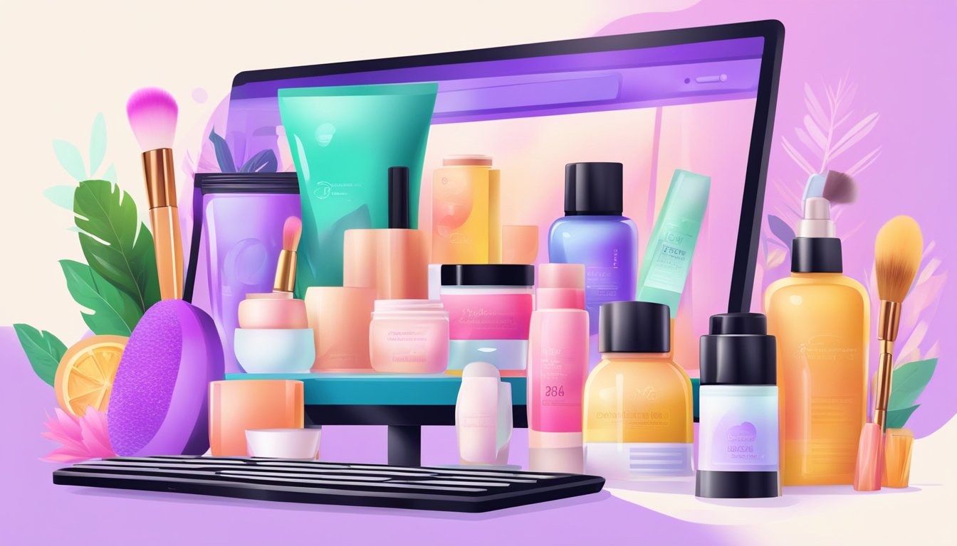 A computer screen showing a variety of discounted beauty products on an online shopping website. The page displays colorful images and prices