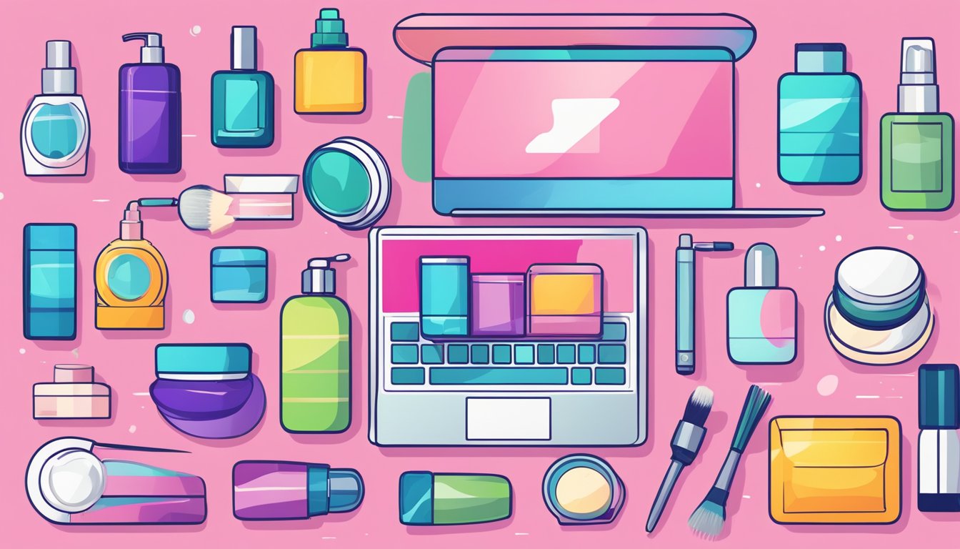 A laptop displaying a variety of affordable beauty products on a website, with a colorful and inviting interface