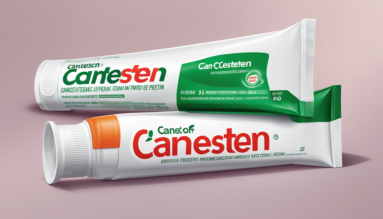 A tube of Canesten Cream sits on a clean, white countertop next to a box of the product. The packaging is bright and informative, with clear instructions and a recognizable logo