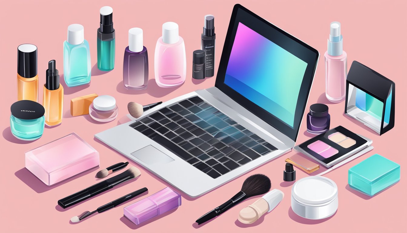 A variety of skincare and makeup products arranged neatly on a table, with a laptop open to a website selling affordable beauty items