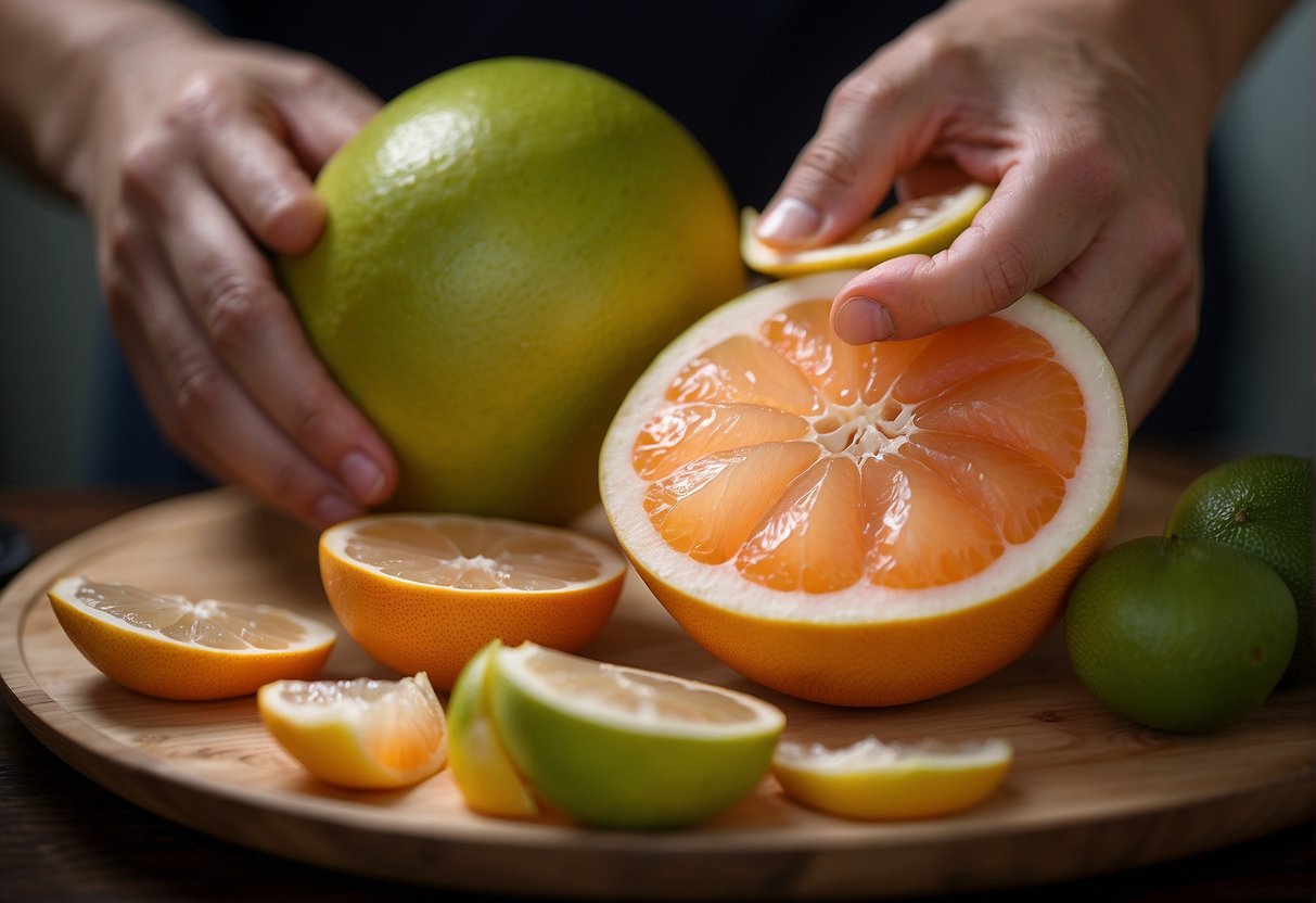 A hand holds a pomelo, peeling the thick, bumpy skin. The skin is being sliced into thin strips for a Chinese recipe