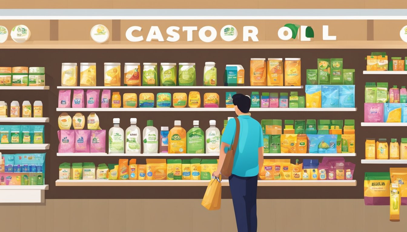 Shelves filled with castor oil packs at a Singaporean store. Bright packaging and various sizes displayed. Customers browsing nearby