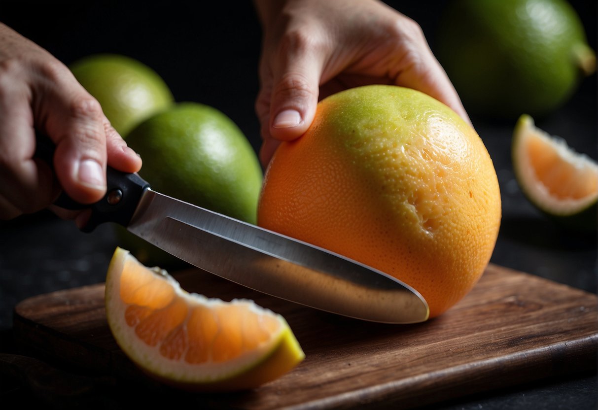 A hand holds a pomelo, peeling the skin with a knife. The skin is then cut into small pieces for a Chinese recipe
