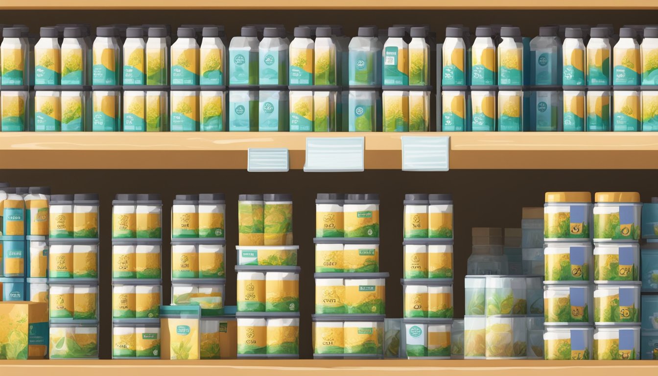 A shelf filled with castor oil packs, labeled with price tags, in a well-lit store in Singapore