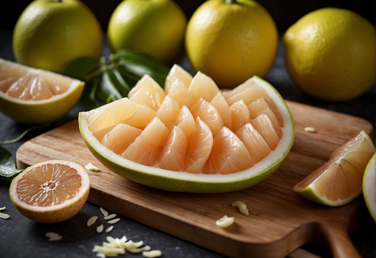 Pomelo skin being peeled and cut into thin strips, with Chinese ingredients arranged nearby for a recipe illustration