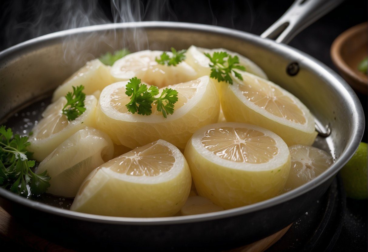 Pomelo skin being blanched in boiling water, then sliced and stir-fried with seasonings in a wok
