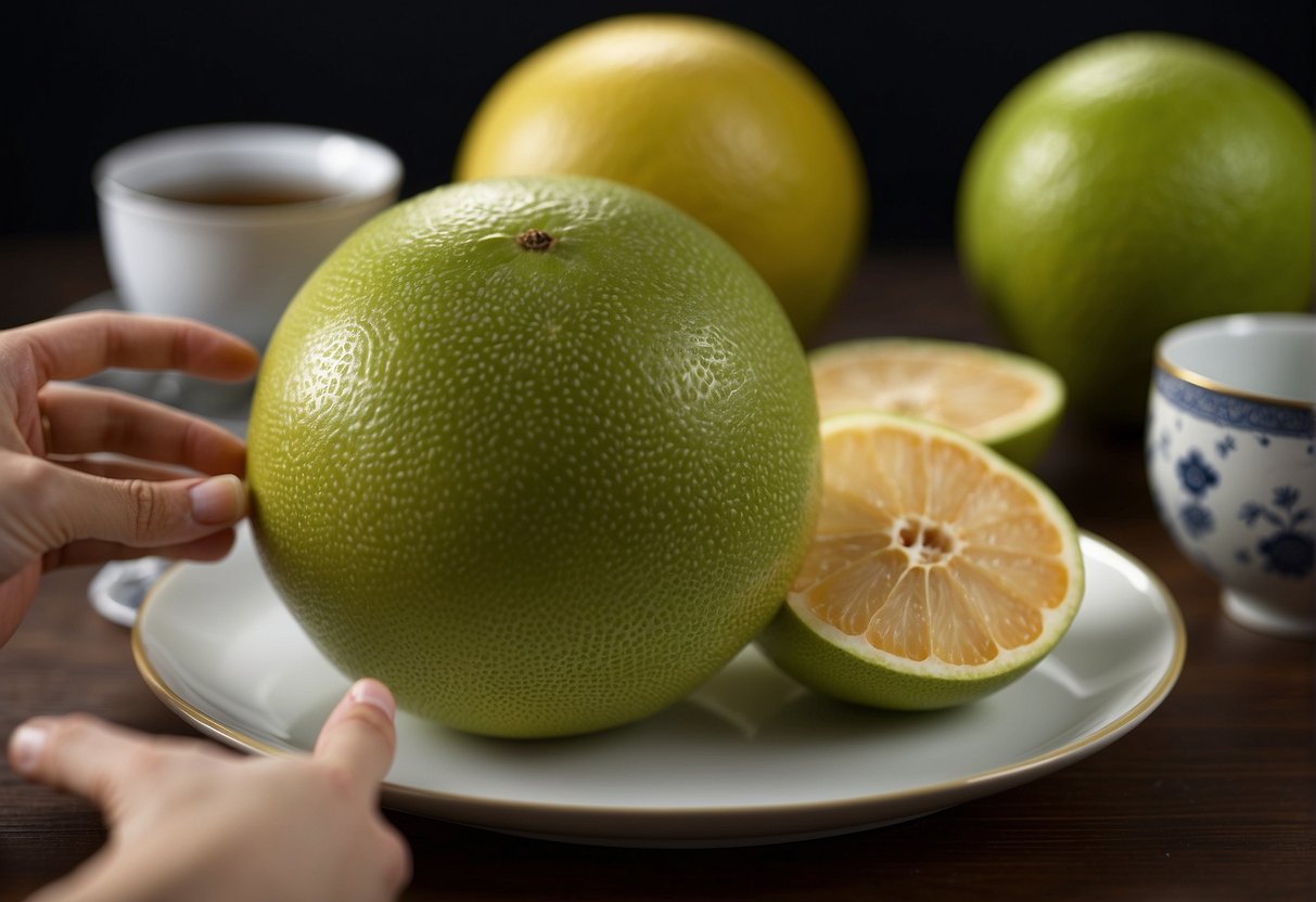 A hand holds a pomelo, while another hand peels the skin. A plate of sliced pomelo skin is paired with Chinese tea