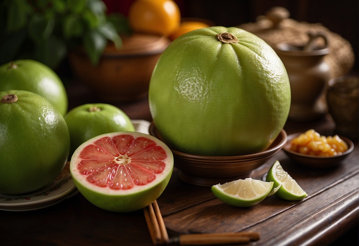 A vibrant pomelo fruit surrounded by traditional Chinese cooking ingredients, with a recipe book open to the "Frequently Asked Questions" section