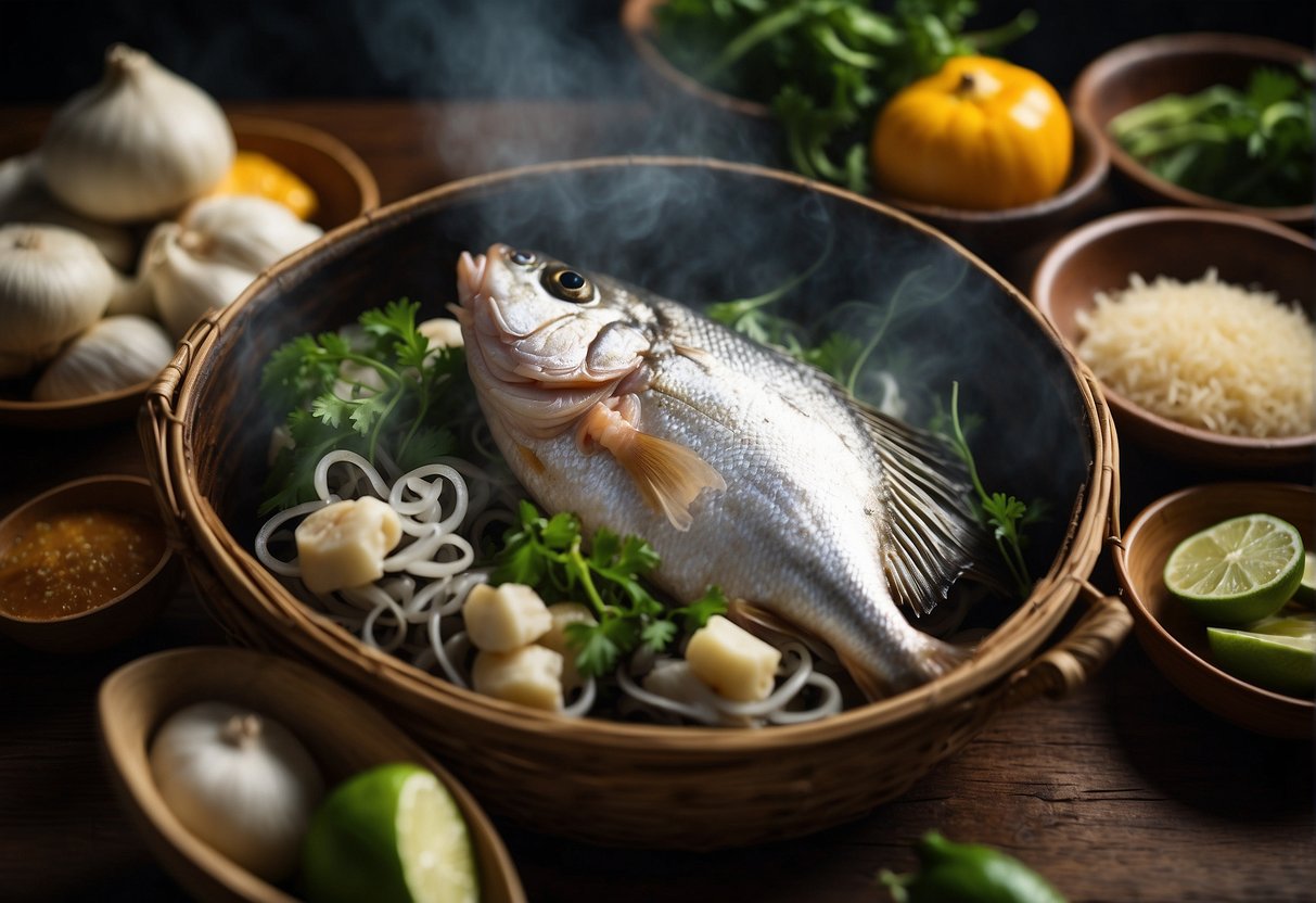 A steaming basket with a whole Pomfret fish, surrounded by traditional Chinese ingredients like ginger, garlic, and scallions