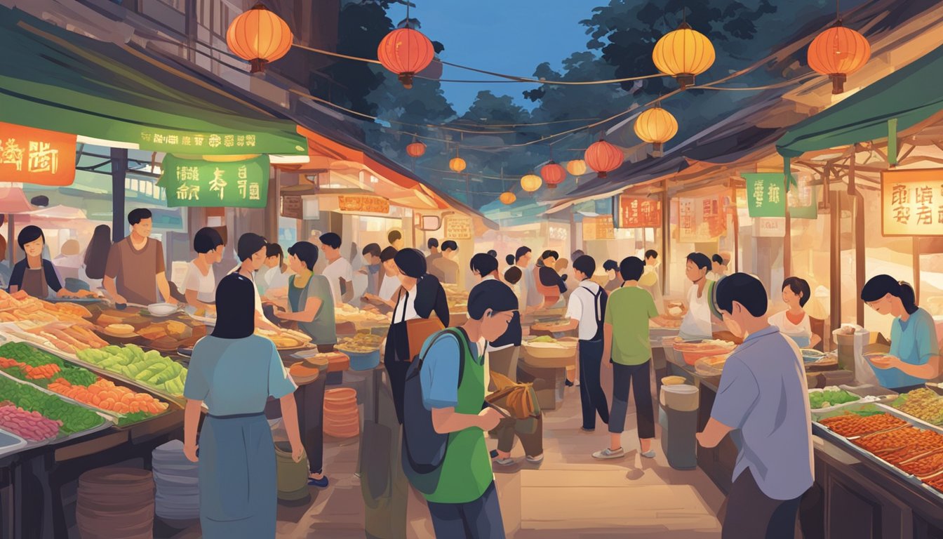 Customers browsing 懒 人 火锅 at a bustling market stall in Singapore. A colorful sign advertises the hot pot, while vendors prepare and serve the dish to eager customers