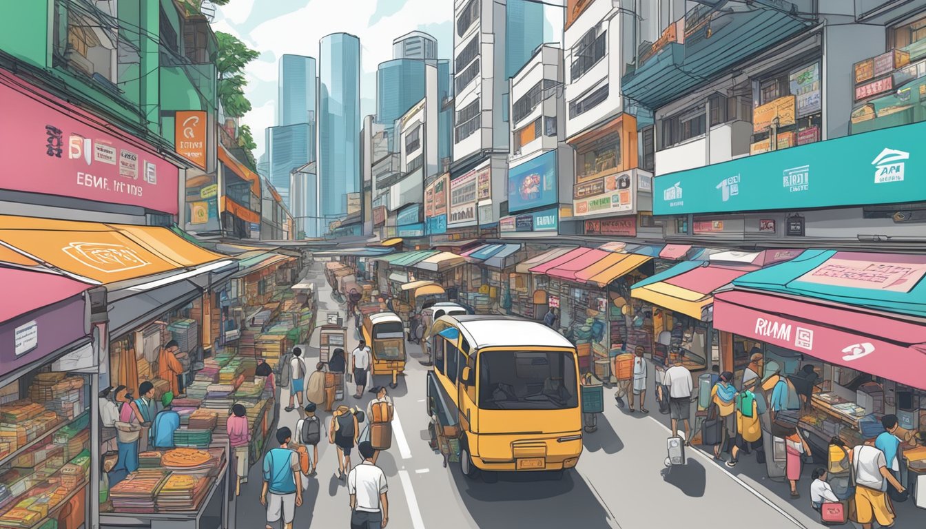 A busy street in Singapore, lined with electronic shops and vendors selling computer hardware, with signs advertising RAM for sale