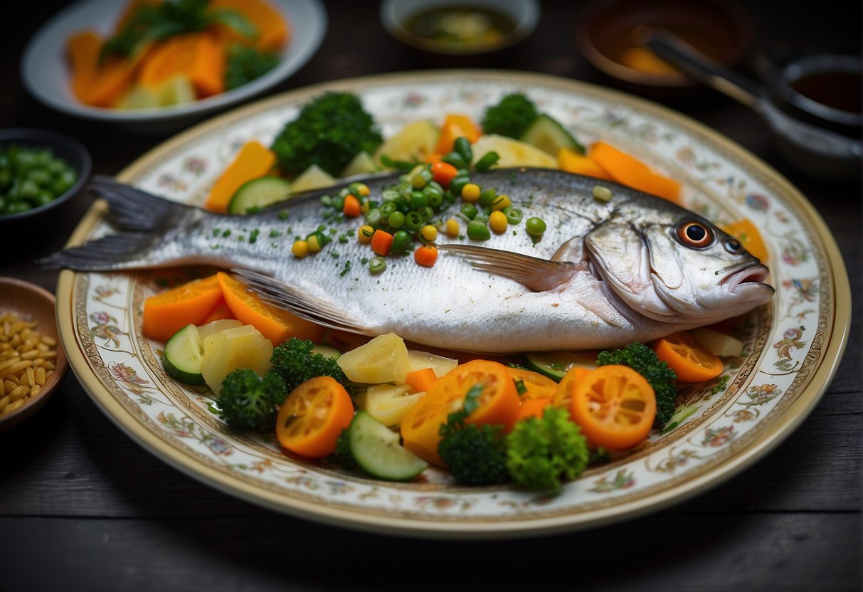 A platter of whole pomfret fish surrounded by colorful stir-fried vegetables and garnished with fresh herbs, served on a traditional Chinese ceramic dish