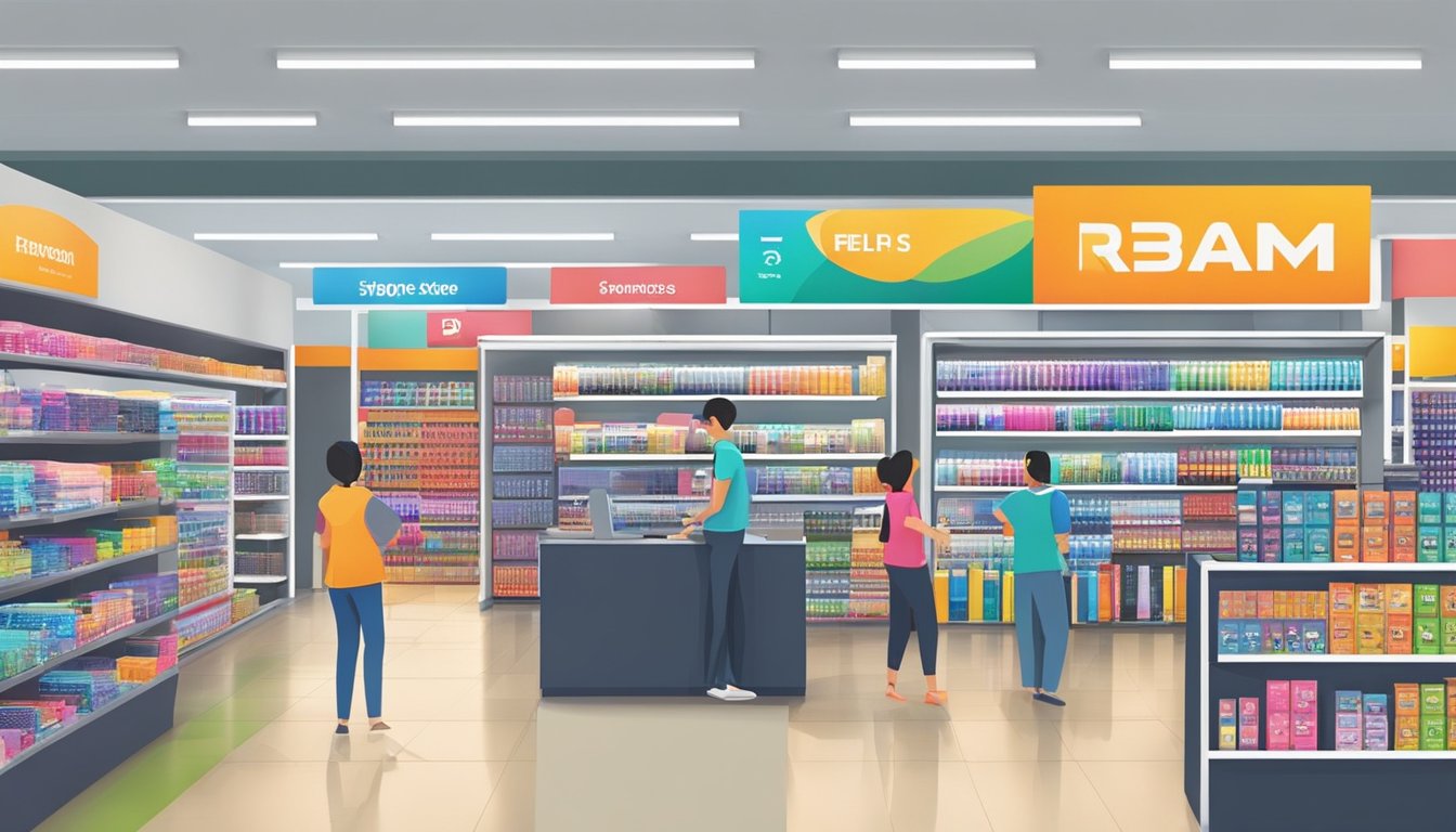 A computer store in Singapore sells RAM. Shelves display various brands and sizes. Customers browse and ask staff for assistance