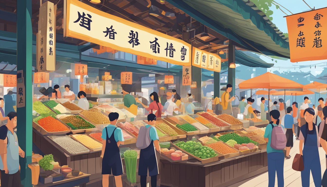 A bustling market stall showcases 懒 人 火锅 ingredients, with colorful signage and eager customers in Singapore