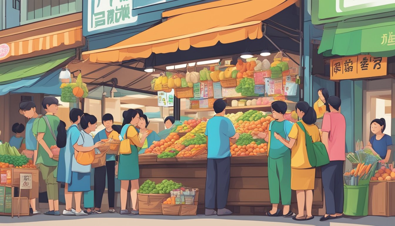 A bustling market stall with a colorful sign advertising "懒 人 火锅" in Singapore. Customers eagerly ask the vendor about the product