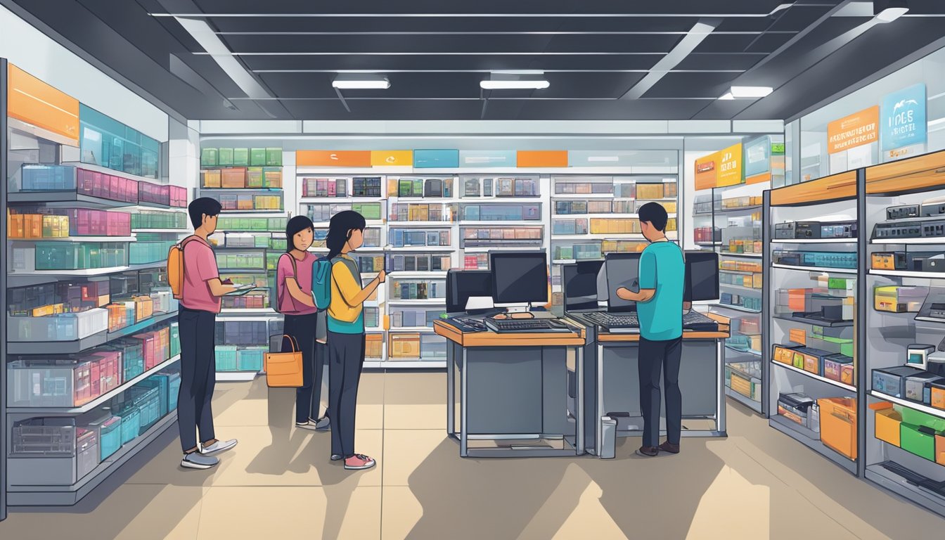 A bustling electronics store in Singapore, with shelves lined with various computer components including RAM modules. Customers and staff engaging in conversation
