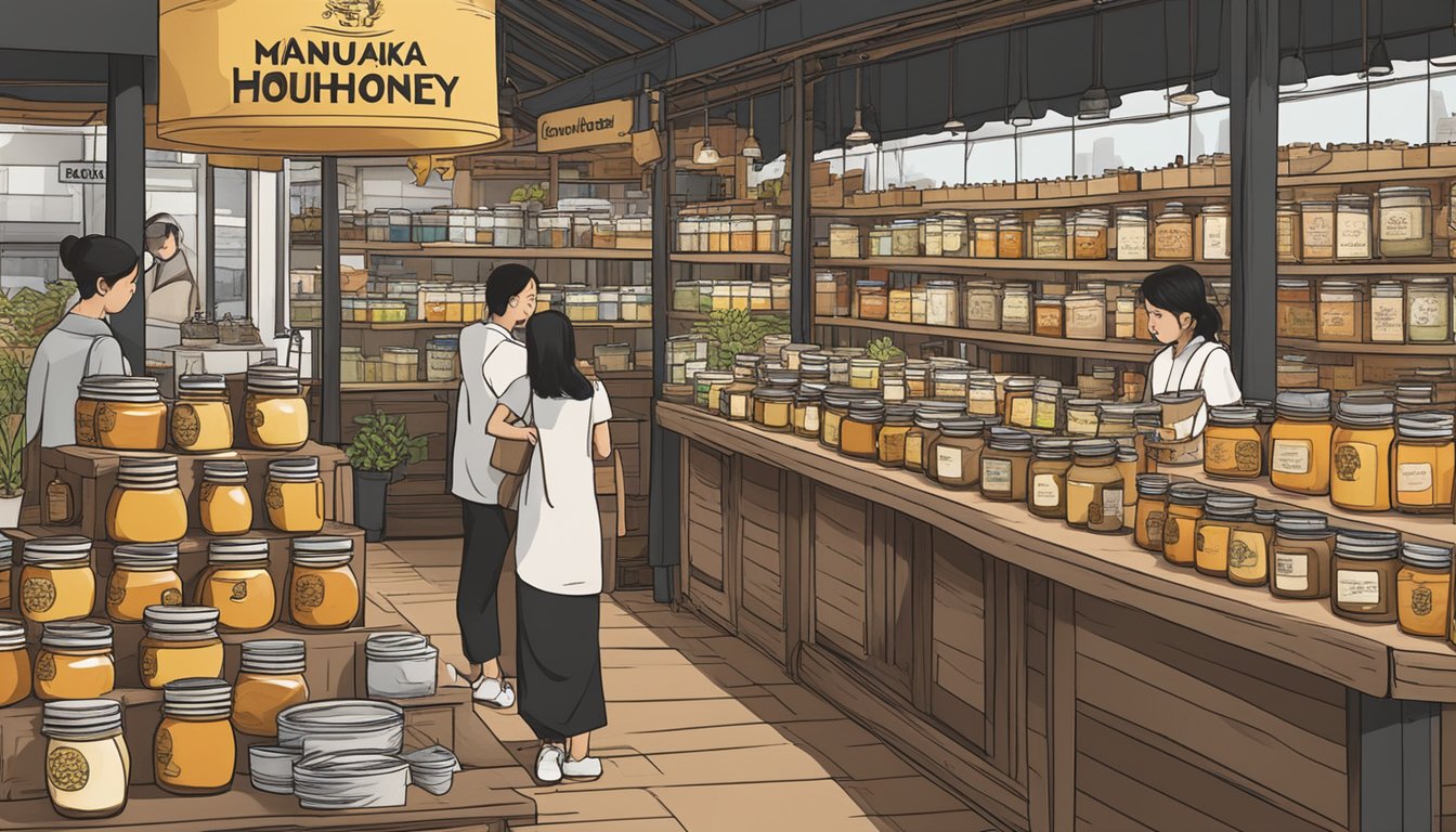 A bustling market stall displays jars of discounted manuka honey in Singapore. Shoppers eagerly inspect the products, while a vendor stands ready to assist