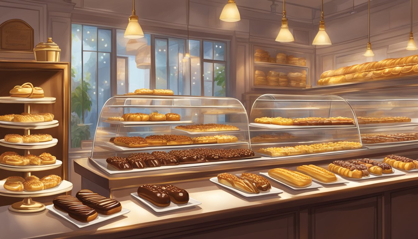 A bustling bakery display showcases rows of chocolate eclairs in Singapore. Shiny glaze glistens under the warm store lights, enticing passersby with their decadent allure