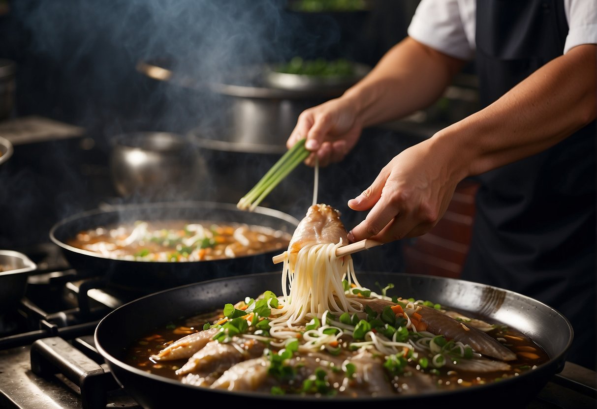 A chef prepares a traditional Chinese pomfret dish with ginger, scallions, and soy sauce in a sizzling wok