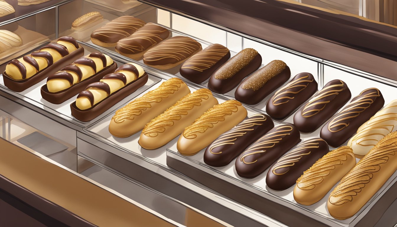 A display case filled with rows of chocolate eclairs at a bustling patisserie in Singapore. The golden-brown pastry shells are filled with creamy chocolate ganache and dusted with powdered sugar