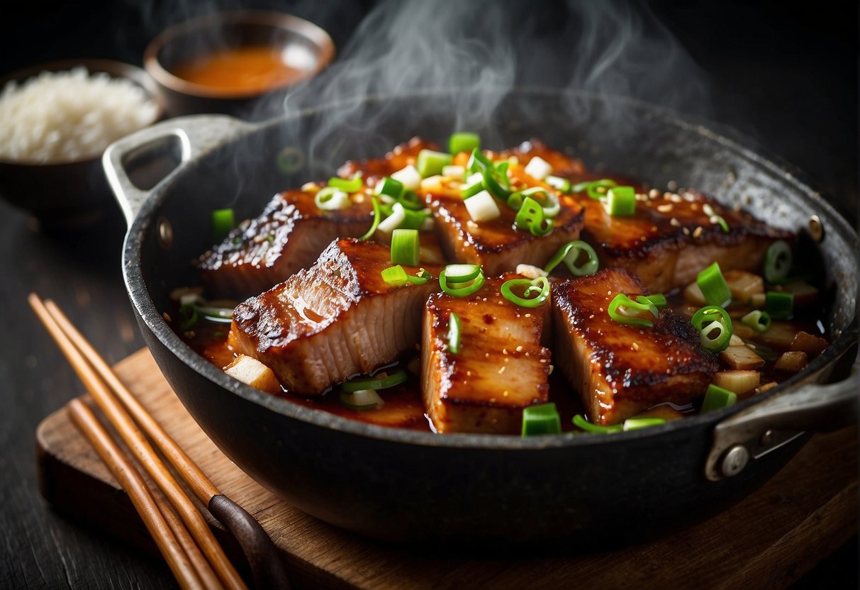 Sizzling pork belly in a wok with soy sauce, garlic, and ginger. Steam rising, caramelized edges, and garnished with green onions