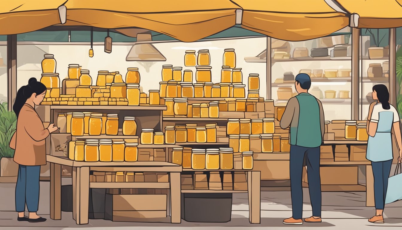 A bustling Singapore market stall showcases jars of affordable Manuka honey. Shoppers examine the golden jars, eager to discover the benefits of this renowned honey
