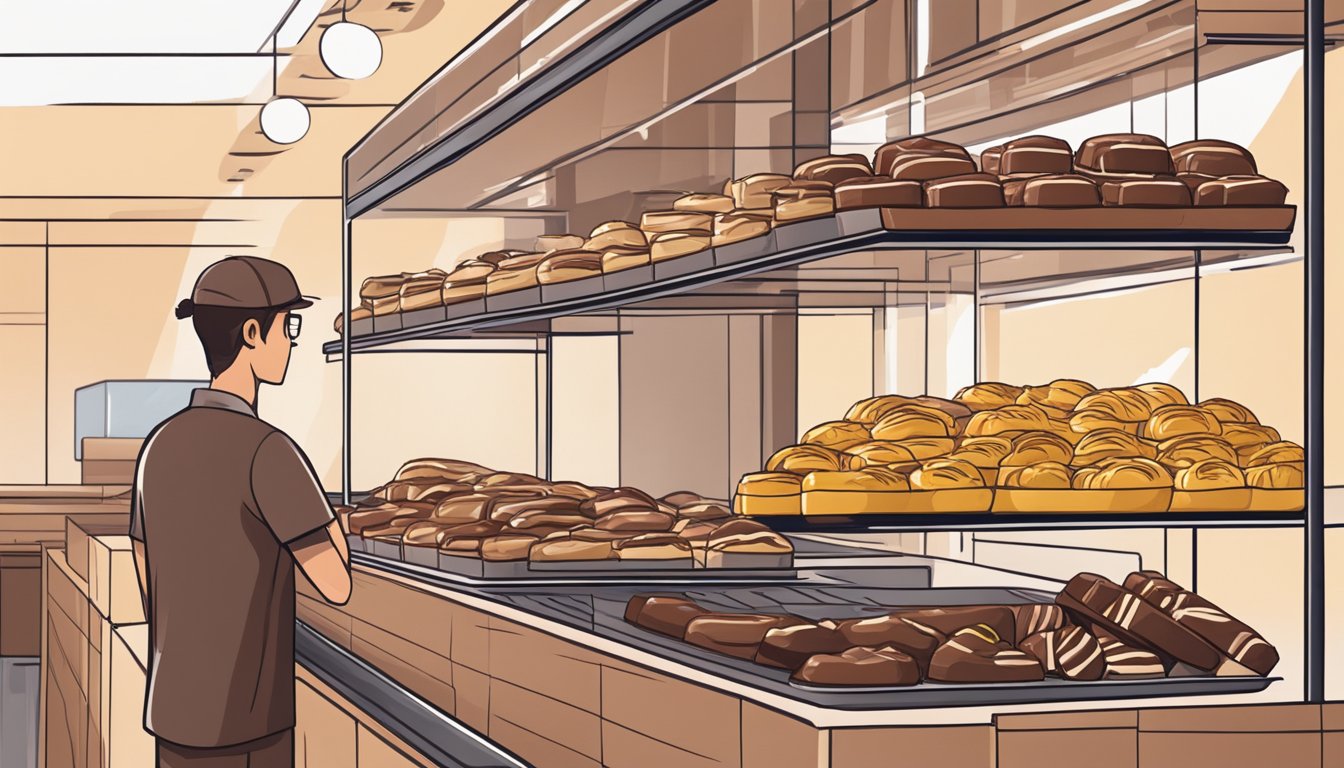 An online store with a variety of chocolate eclairs displayed on a virtual shelf, with a delivery person waiting to pick up orders