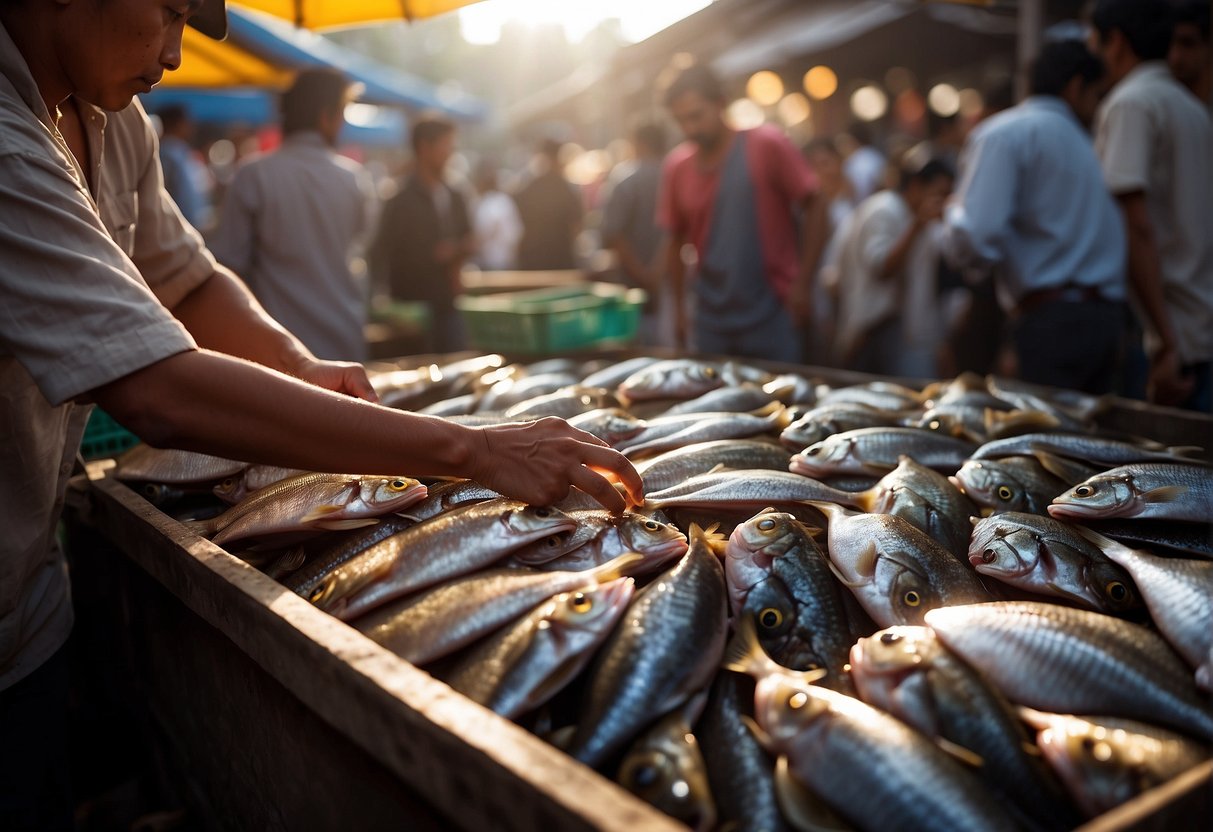 A hand reaches for a fresh pomfret fish at a bustling Chinese market. The scales glisten in the sunlight as the vendor carefully selects the perfect one