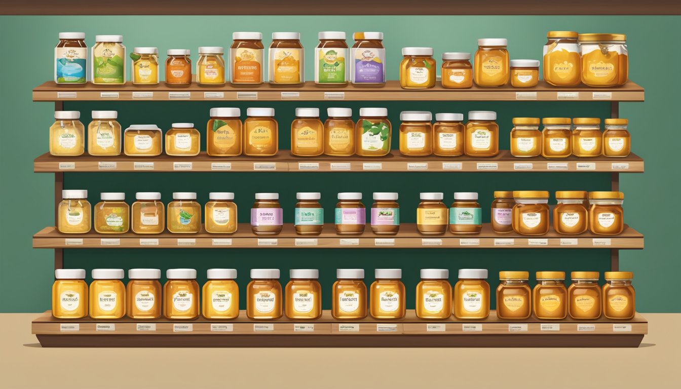 Shelves of Manuka honey jars in a Singapore store, with price tags and promotional signs
