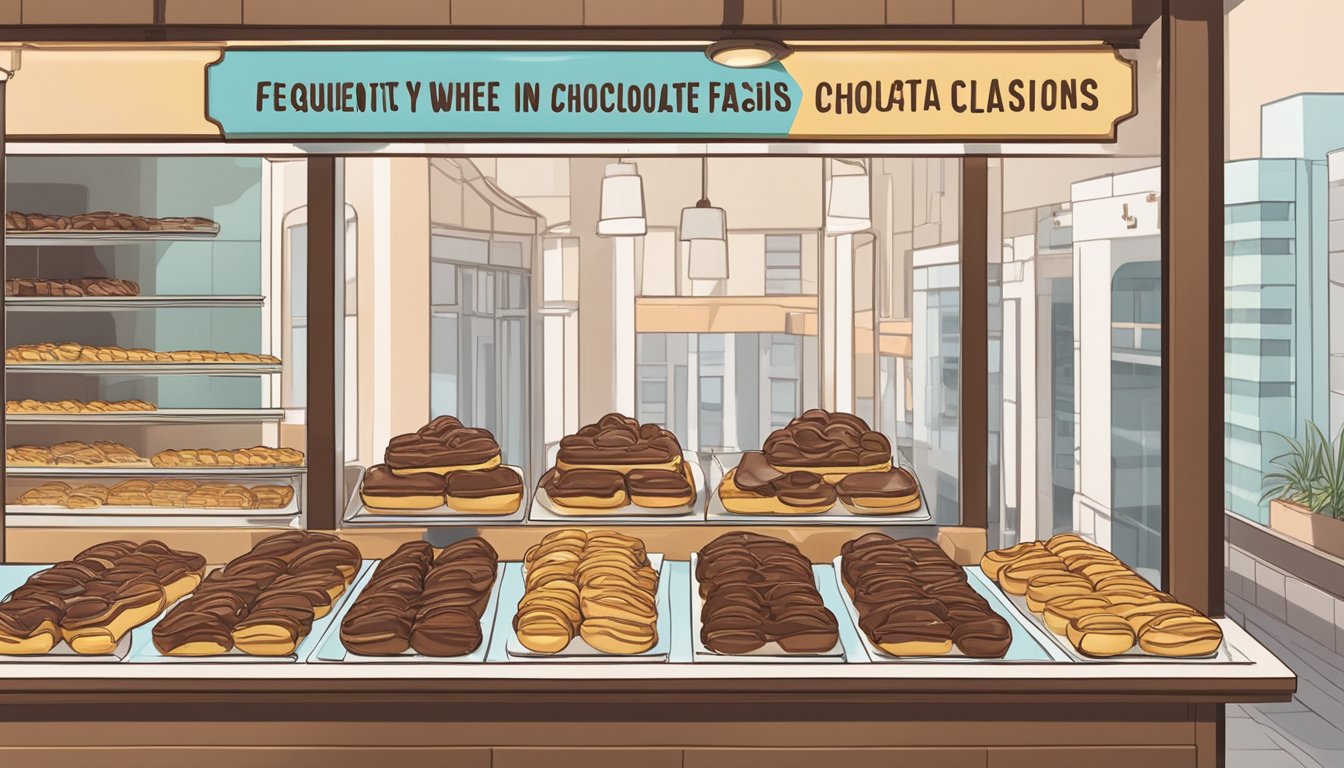 A display of chocolate eclairs at a bakery in Singapore, with a sign indicating "Frequently Asked Questions: Where to buy chocolate eclairs in Singapore."