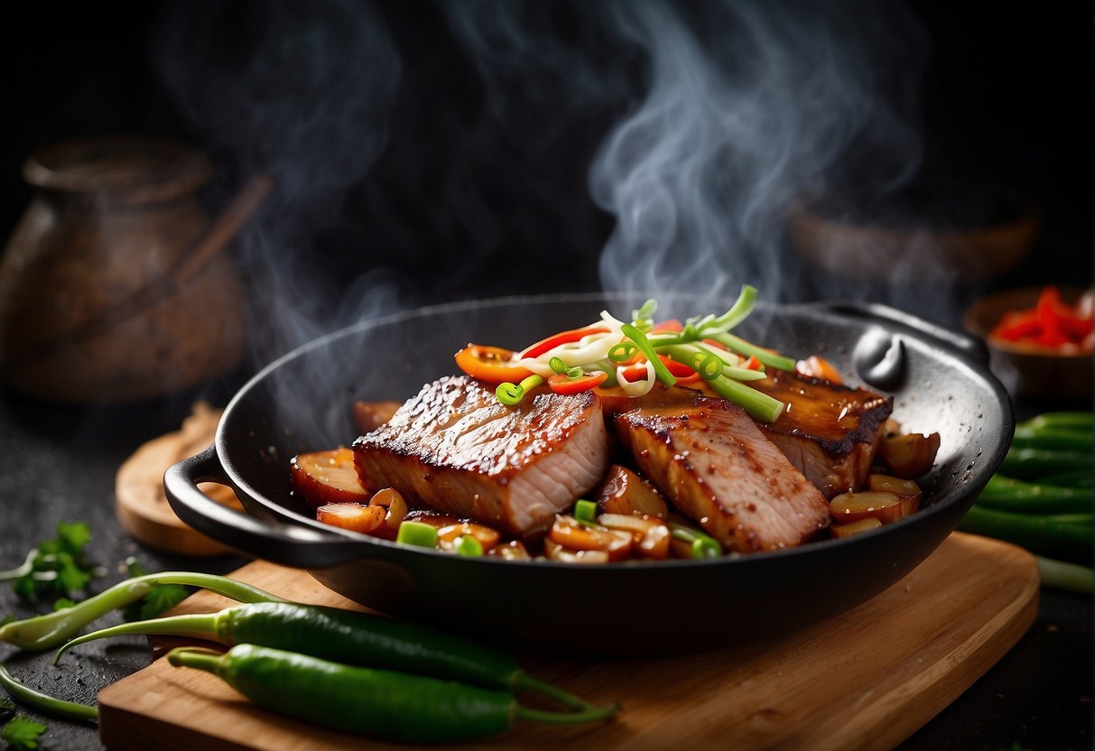 A sizzling pork belly cooks in a wok with soy sauce, ginger, and garlic, creating a savory aroma. Green onions and chili peppers sit nearby for garnish