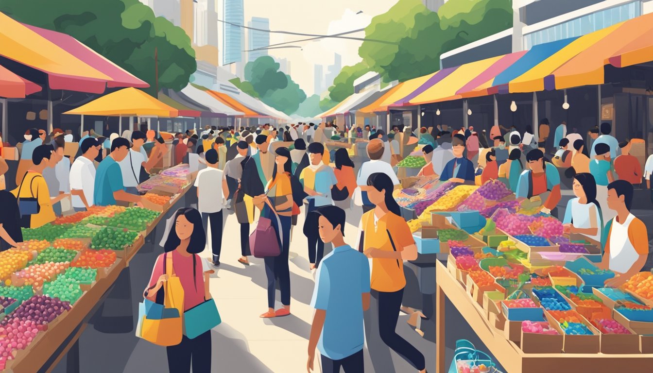 A bustling outdoor market with colorful displays of sunglasses, price tags, and eager shoppers in Singapore
