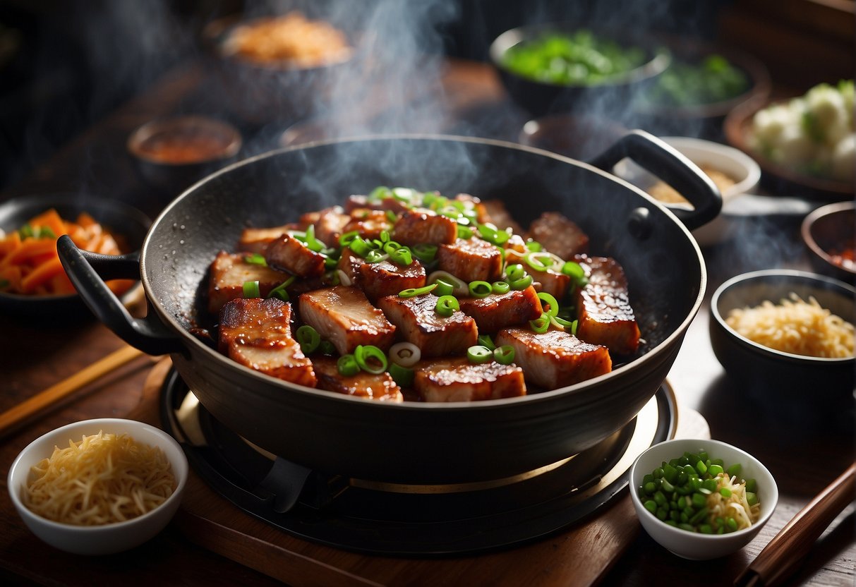 A sizzling pork belly sizzles in a wok, surrounded by aromatics like garlic, ginger, and green onions. The meat is caramelized and glazed with a savory Chinese-style sauce