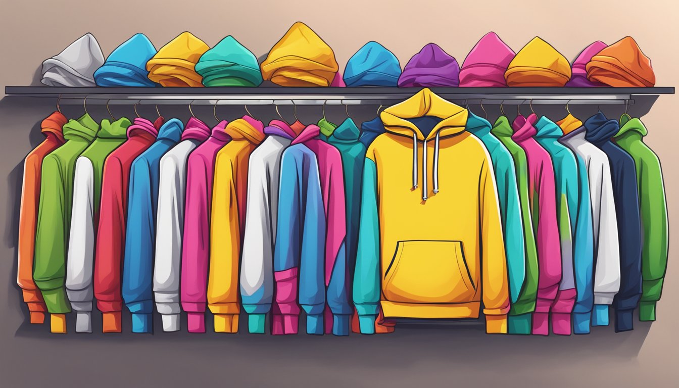 A colorful array of hoodies displayed on shelves with a "Best Hoodies Online" sign in Singapore
