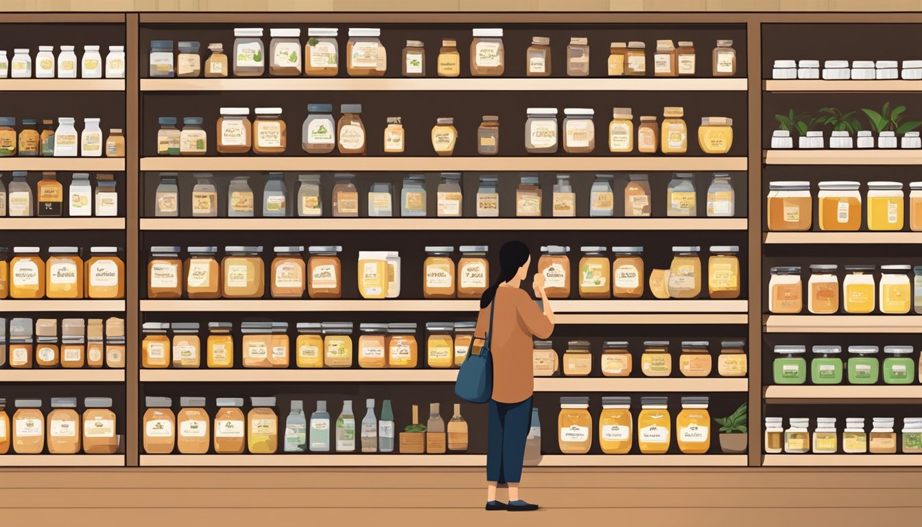 Shelves lined with jars of manuka honey, price tags displayed, customers browsing, sign indicating "cheap prices" in a store in Singapore