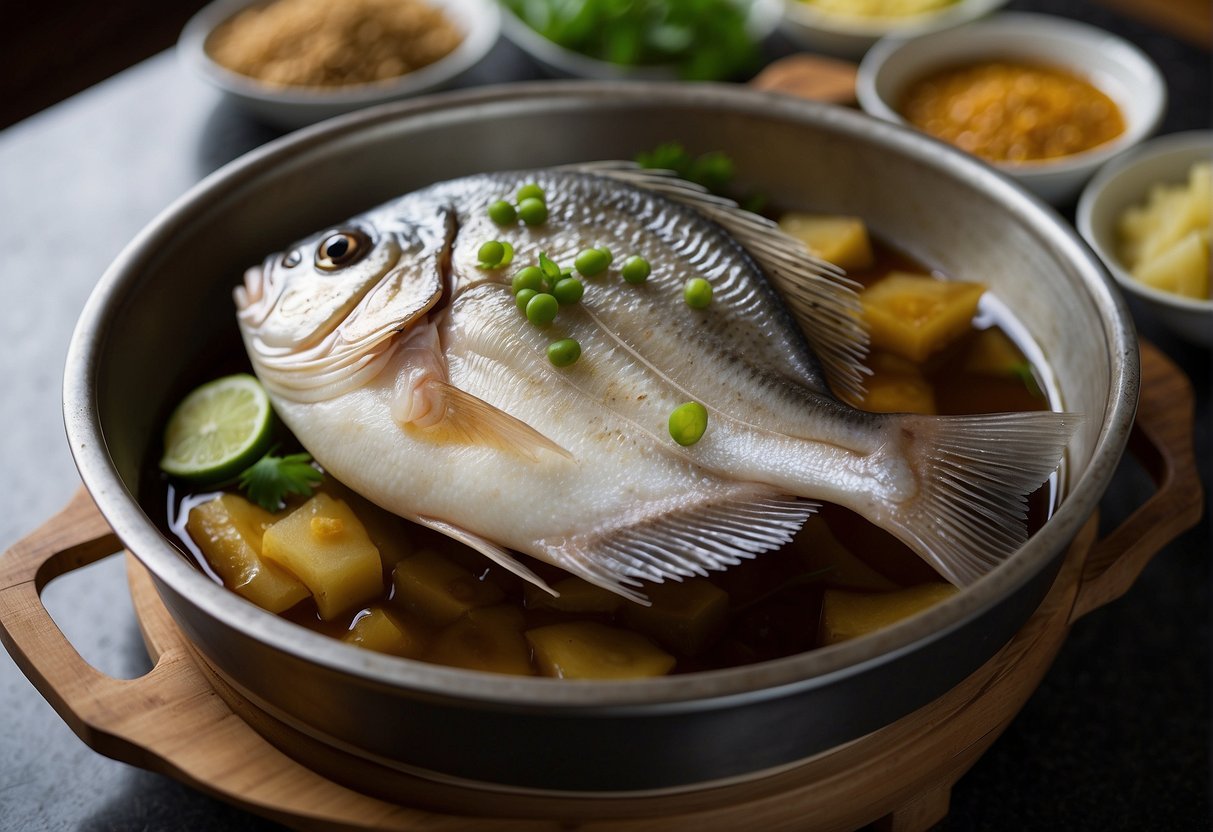 A whole pomfret fish is being marinated in a mixture of soy sauce, ginger, and garlic, ready to be steamed in a bamboo steamer