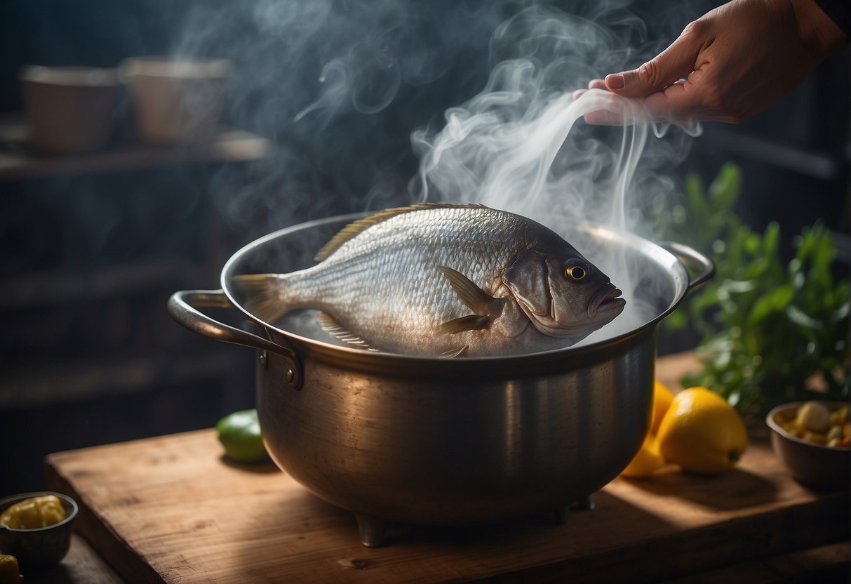 A pot of boiling water with a whole pomfret fish being gently lowered in, steam rising from the pot