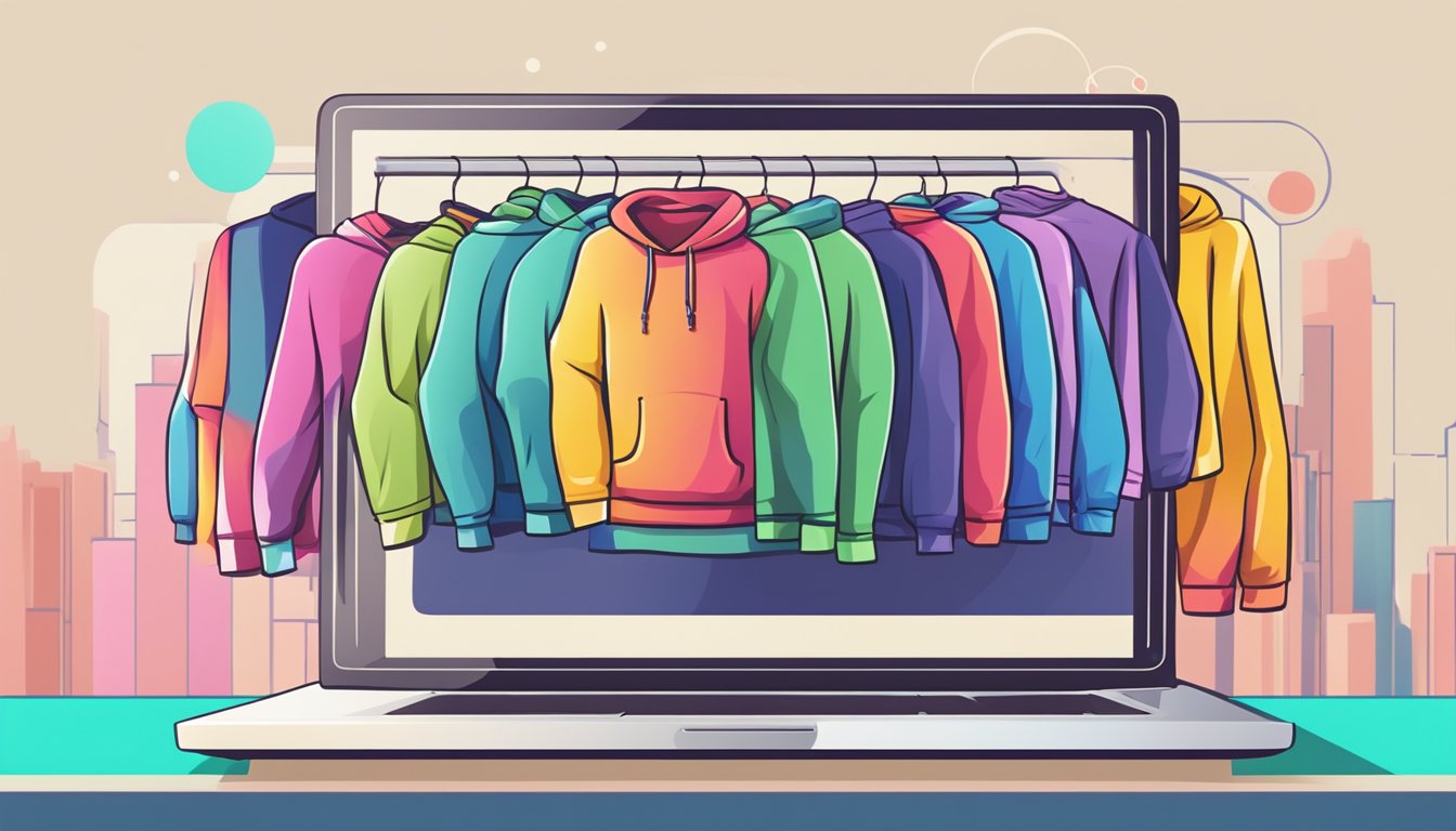 A laptop displaying a variety of colorful hoodies on an online shopping website with a "buy now" button