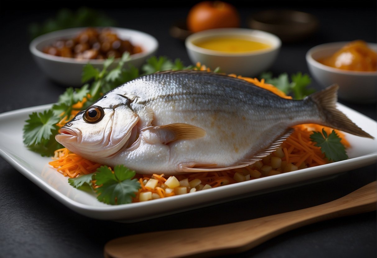 A whole pomfret fish being marinated in a mixture of Chinese flavor enhancements, ready to be cooked