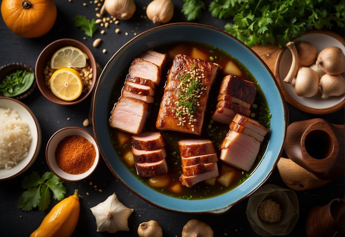 Pork belly being marinated in Chinese seasonings, surrounded by ingredients like soy sauce, ginger, garlic, and spices