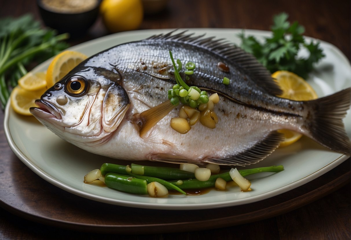 A whole pomfret fish, steamed and garnished with ginger, scallions, and soy sauce, served on a decorative platter