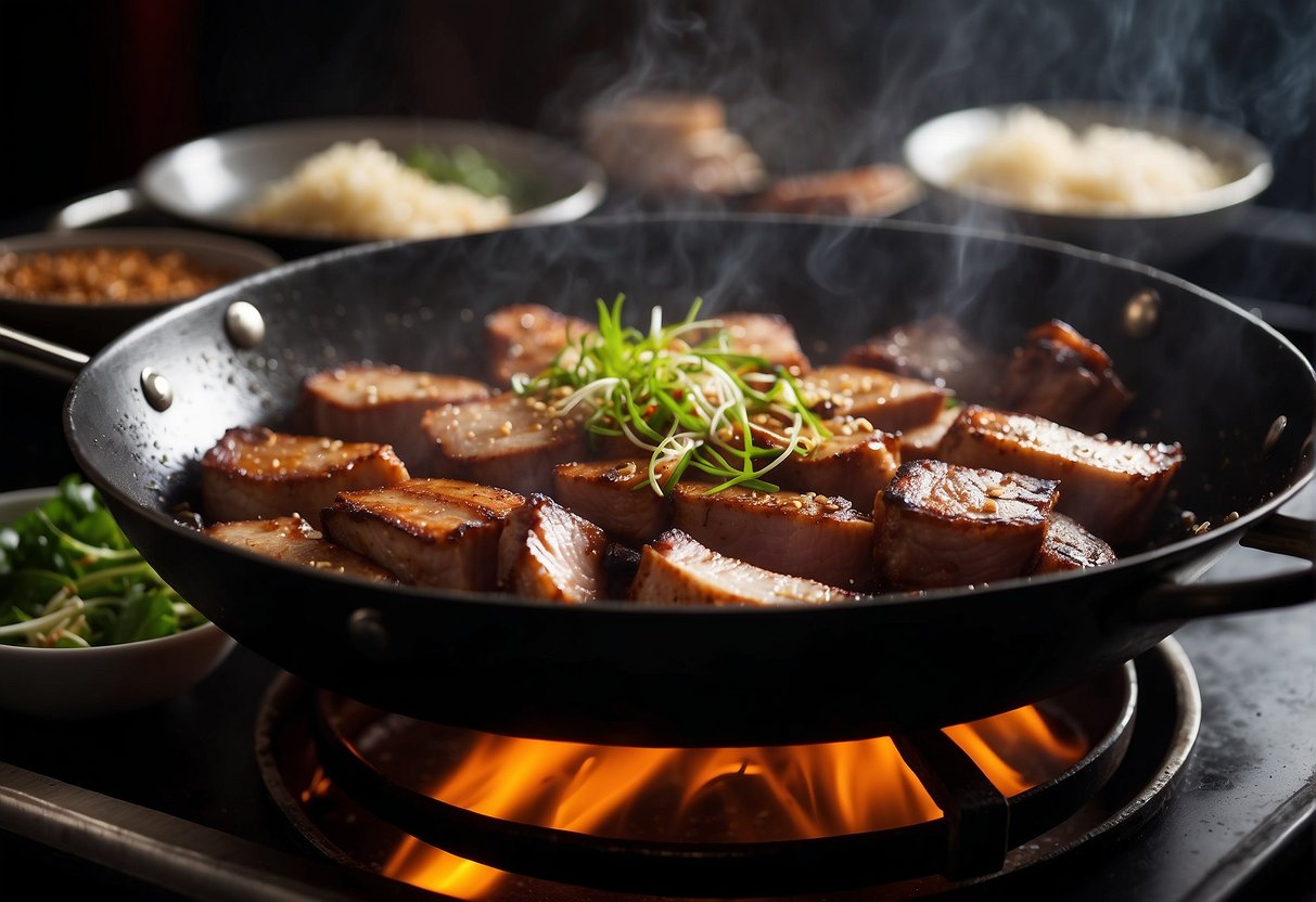 Pork belly sizzling in a hot wok with garlic, ginger, and soy sauce. Steam rising, meat caramelizing, and vegetables being added