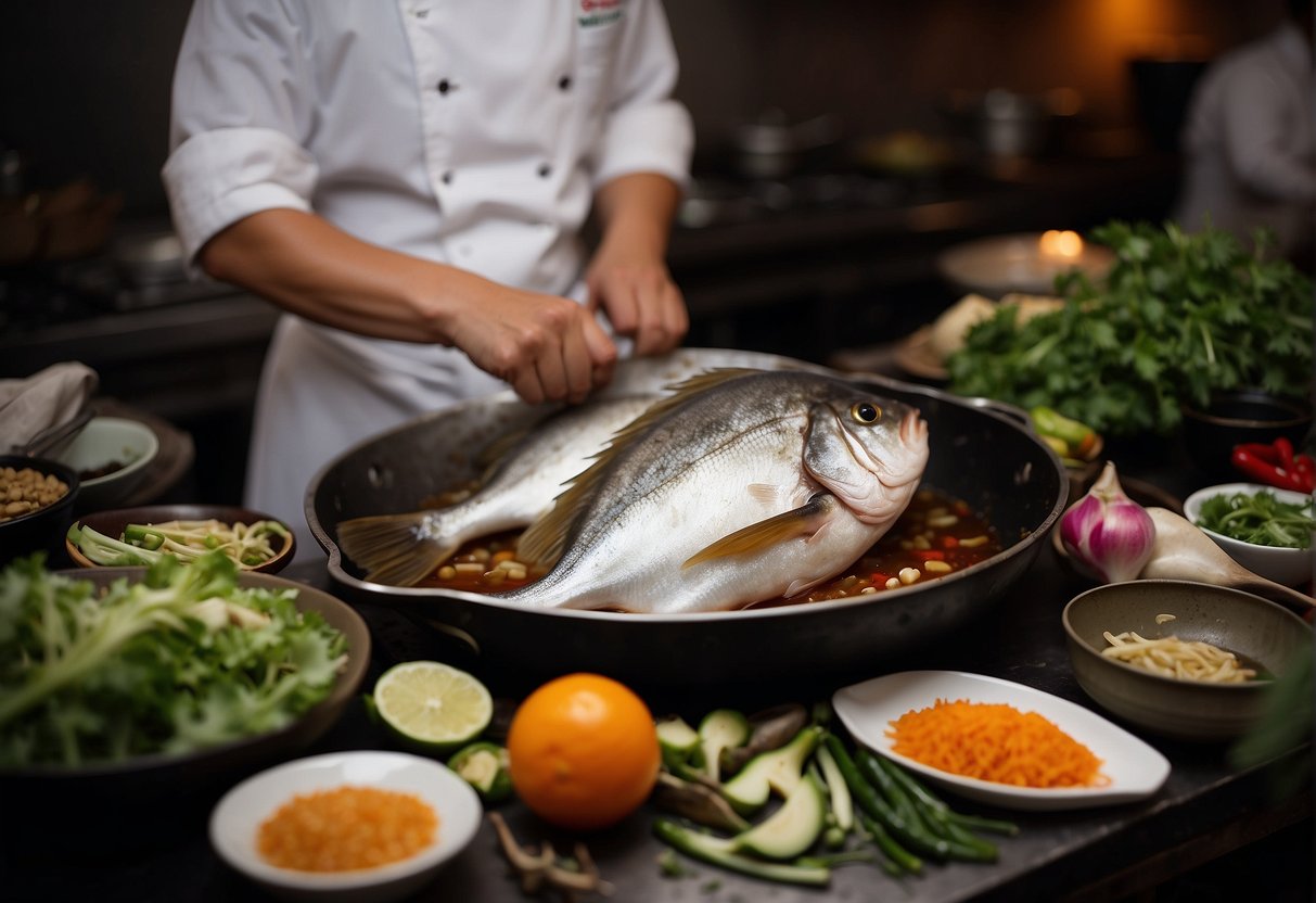 A chef prepares a traditional Chinese pomfret dish, surrounded by various ingredients and cooking utensils